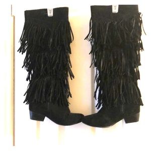 Women’s black fringe knee high boots